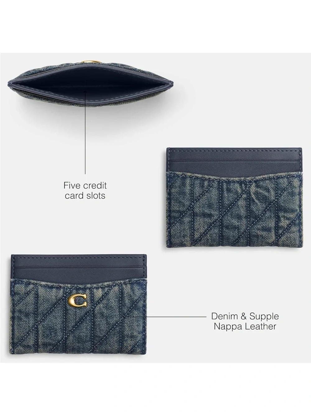 New Coach Quilted Denim and Navy Leather Dark Indigo Card Case with Gold 'C'